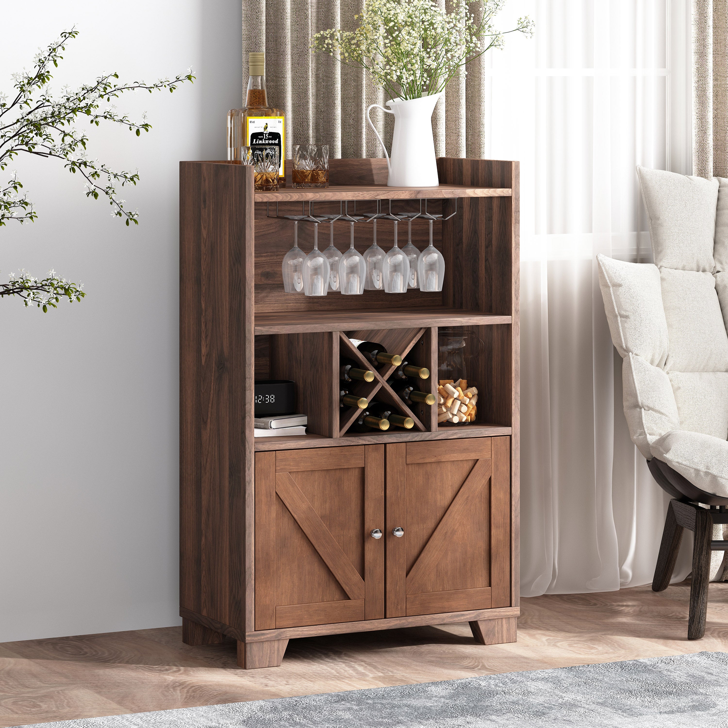 Newell Farmhouse Wooden 4 Bottle Wine Cabinet, Walnut and Dark Brown