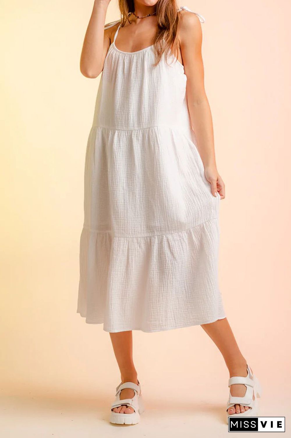 Plain Tie Cami Strap Tiered Midi Dress