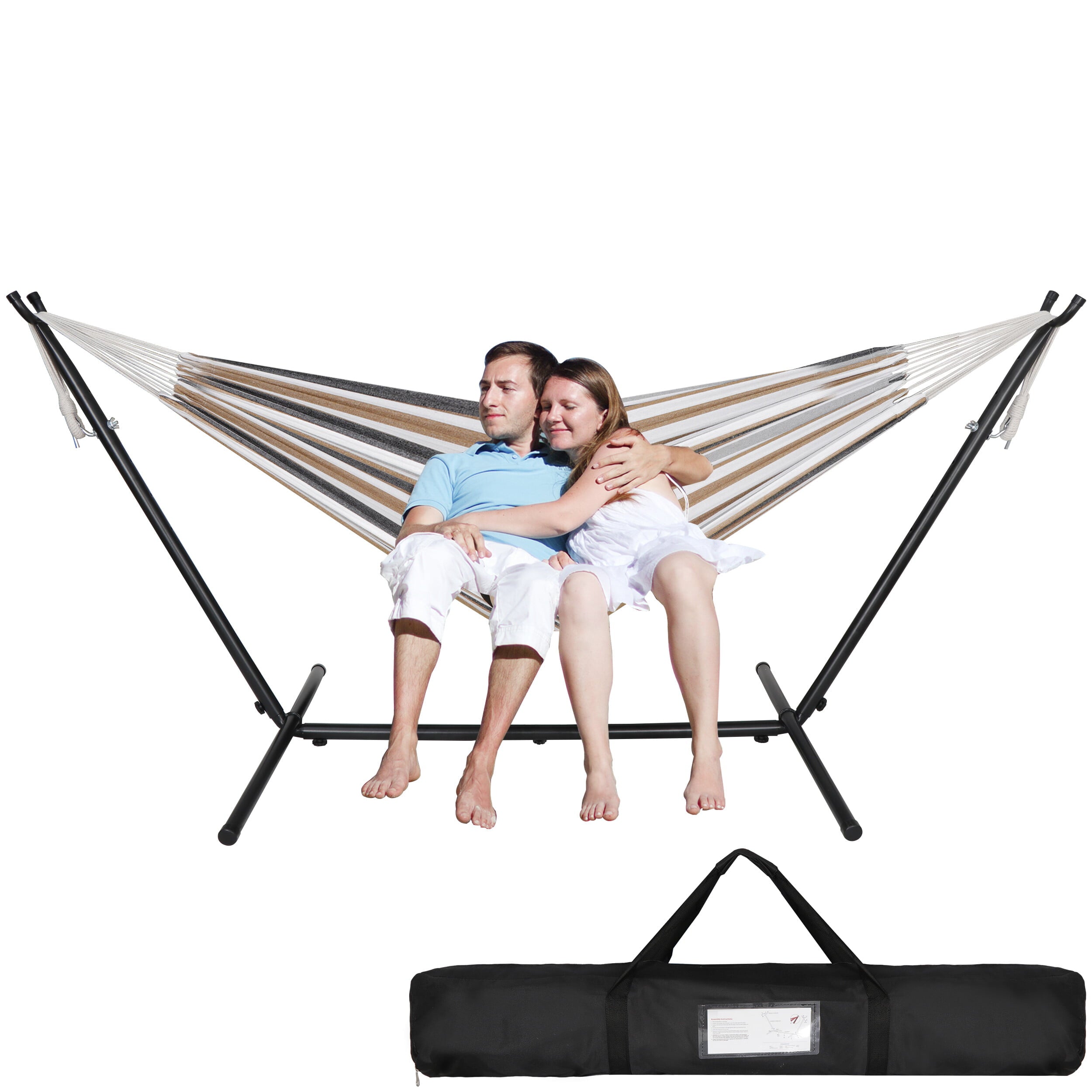 SuperDeal Double Size Striped Hammock Camping Swing Oxford Cloth + Steel Stand 112in x 42in 440lbs Brown-Gray