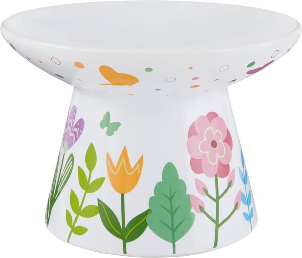 Frisco Cat Face Floral Wide Shape Elevated Non-Skid Ceramic Cat Bowl