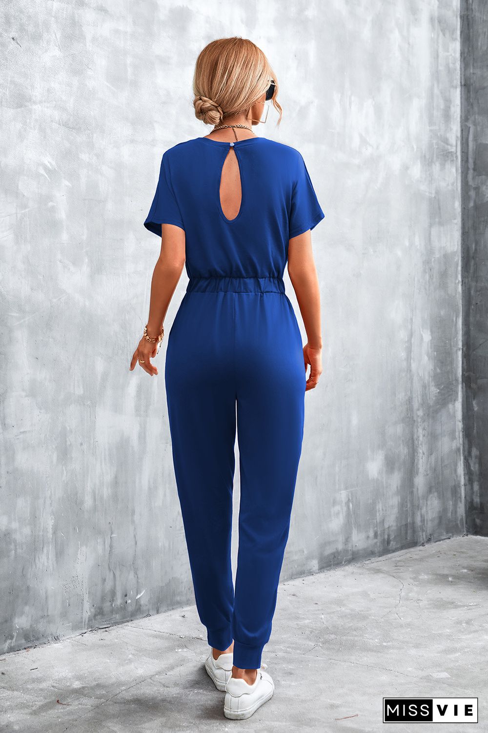 Cut Shoulder Drawstring Waist Sleeveless Jumpsuit