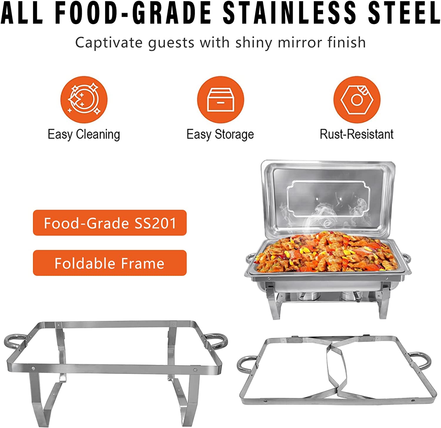 Jacgood Chafing Dish 8Qt Stainless Steel Chafer 2 Packs Full Size Rectangular Chafers for Catering Buffet Warmer Set