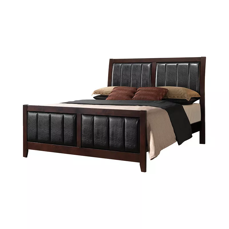 Leatherette Padded California King Bed with Vertical Channels， Brown