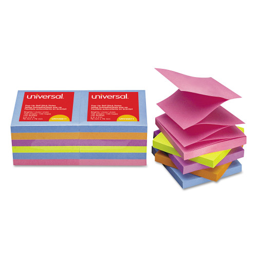 Universal Fan-Folded Self-Stick Pop-Up Note Pads， 3 x 3， Assorted Bright， 100-Sheet， 12/PK (35611)