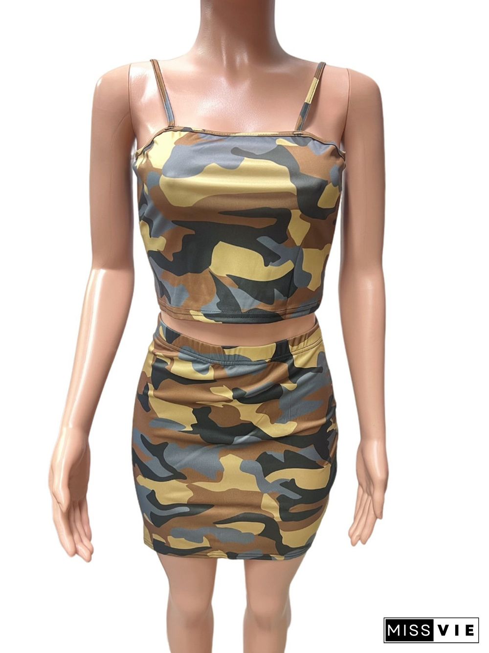 Camo Print Camisole Crop Top Skirt Set 2 Pieces