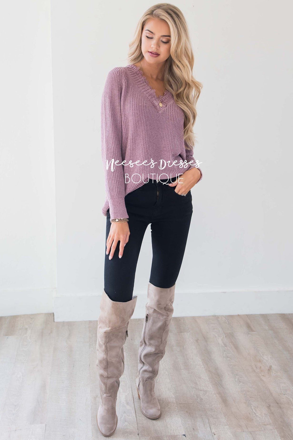 Chenille Knit V-Neck Lace Trim Sweater