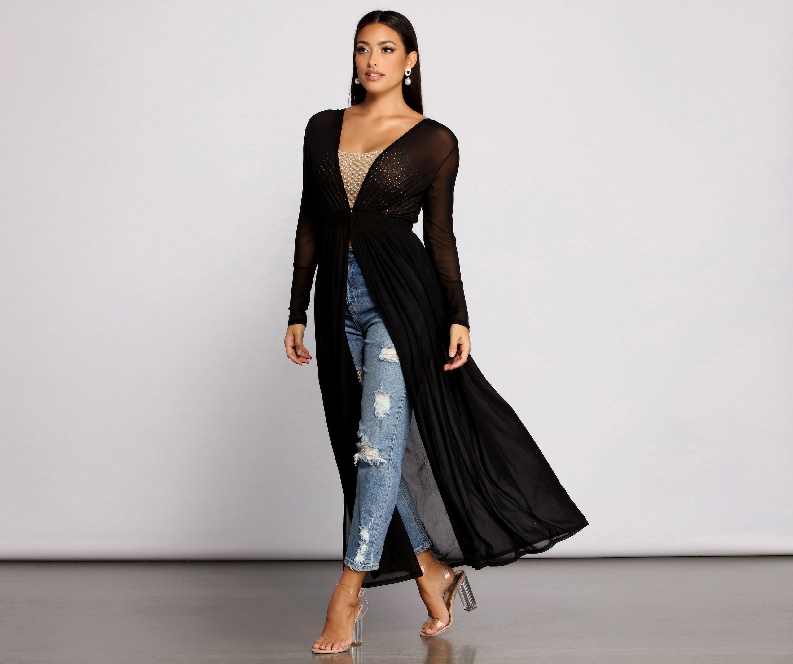 Pleated Long Sleeve Mesh Duster