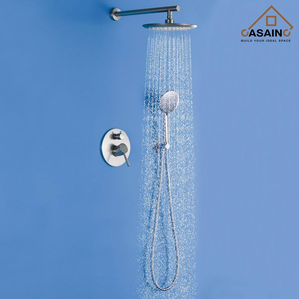 CASAINC 5-Spray Patterns 9.5 in. Wall Mount Dual Shower Heads in Spot Resist Brushed Nickel HM-B203-RO-BN