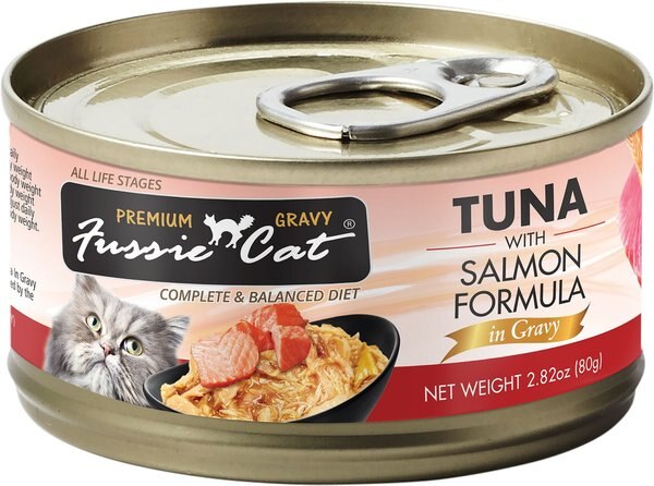 Fussie Cat Tuna with Salmon in Gravy Wet Cat Food， 2.82-oz can， case of 24