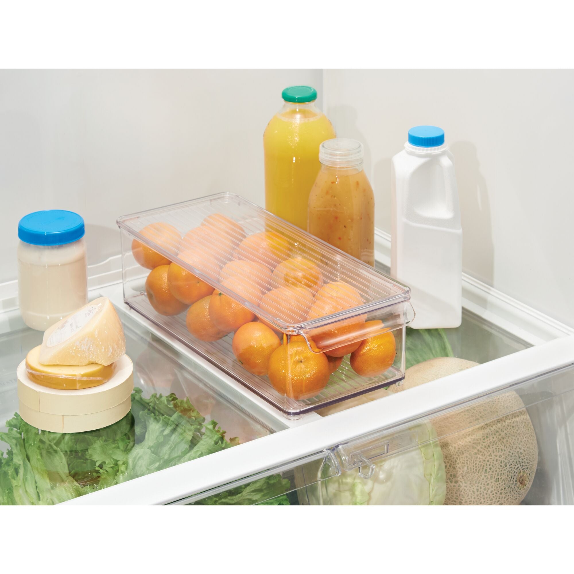 mDesign Slim Plastic Food Storage Container Bin with Lid and Front Handle for Kitchen, Pantry, Cabinet, Fridge and Freezer - Organizer for Snacks, Produce, Vegetables, Pasta, Drinks - 2 Pack - Clear