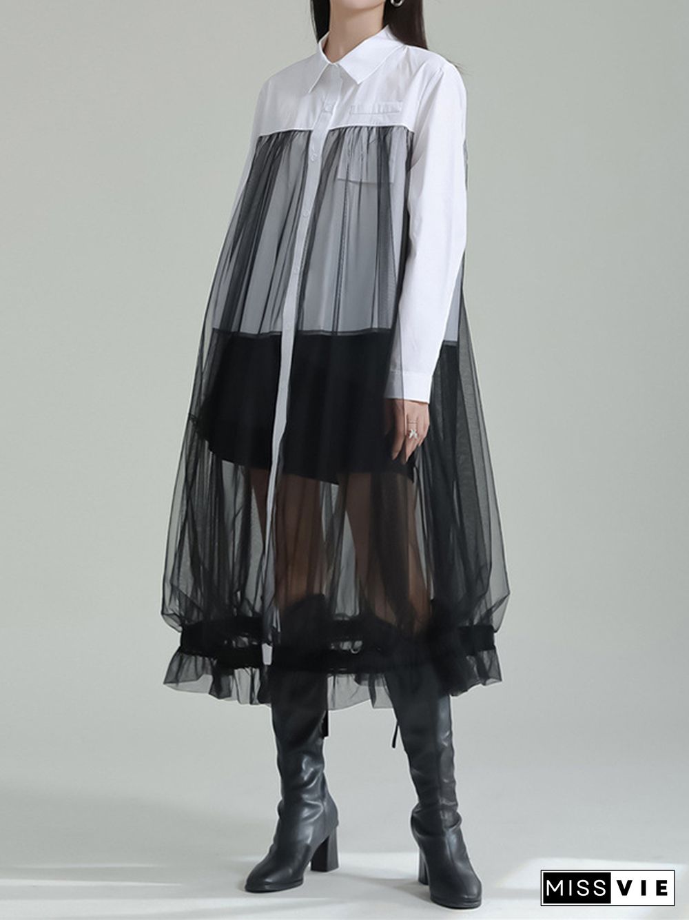 Long Sleeves Gauze See-Through Split-Joint Lapel Midi Dresses Shirt Dress