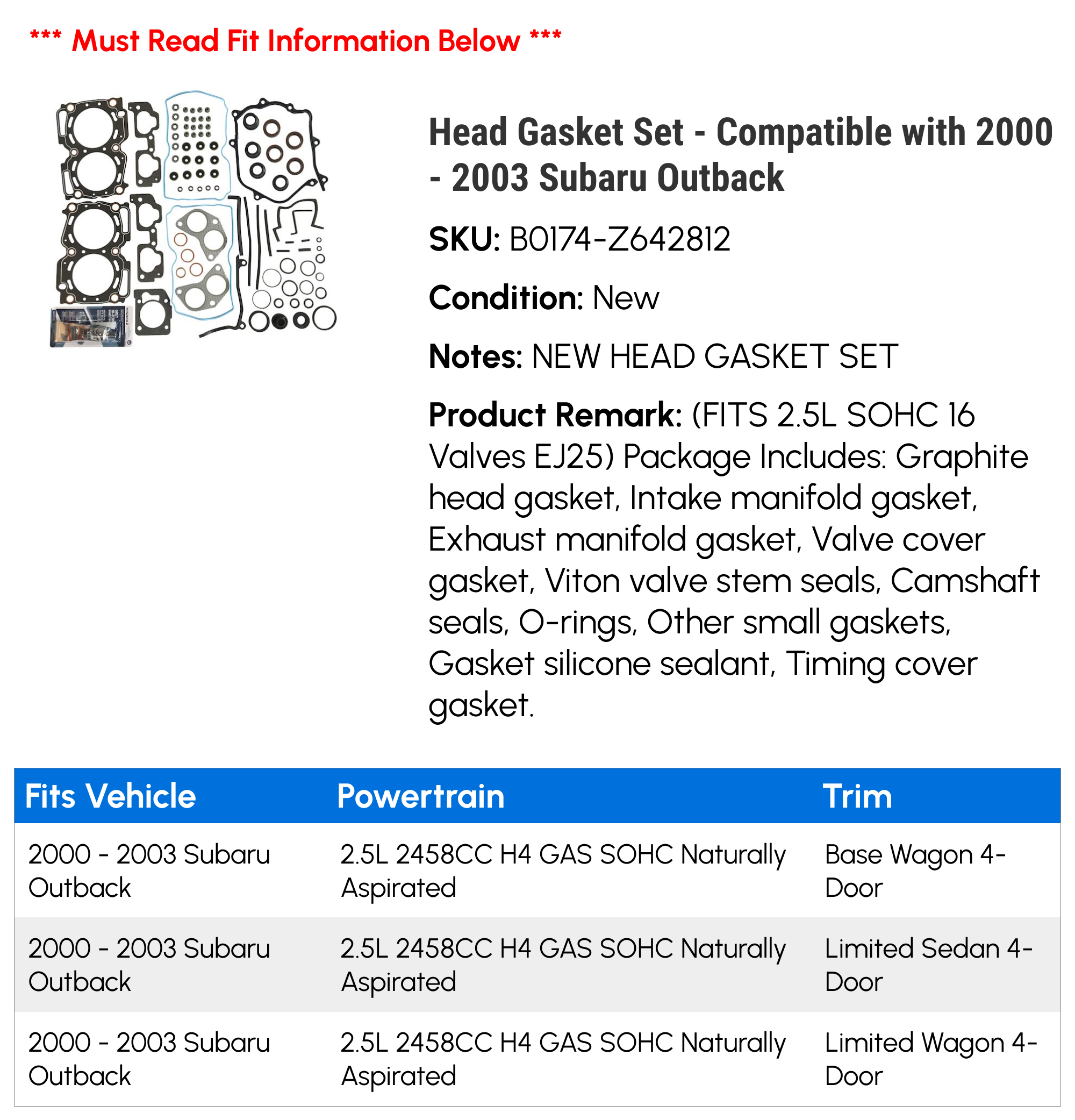 Head Gasket Set - Compatible with 2000 - 2003 Subaru Outback 2001 2002