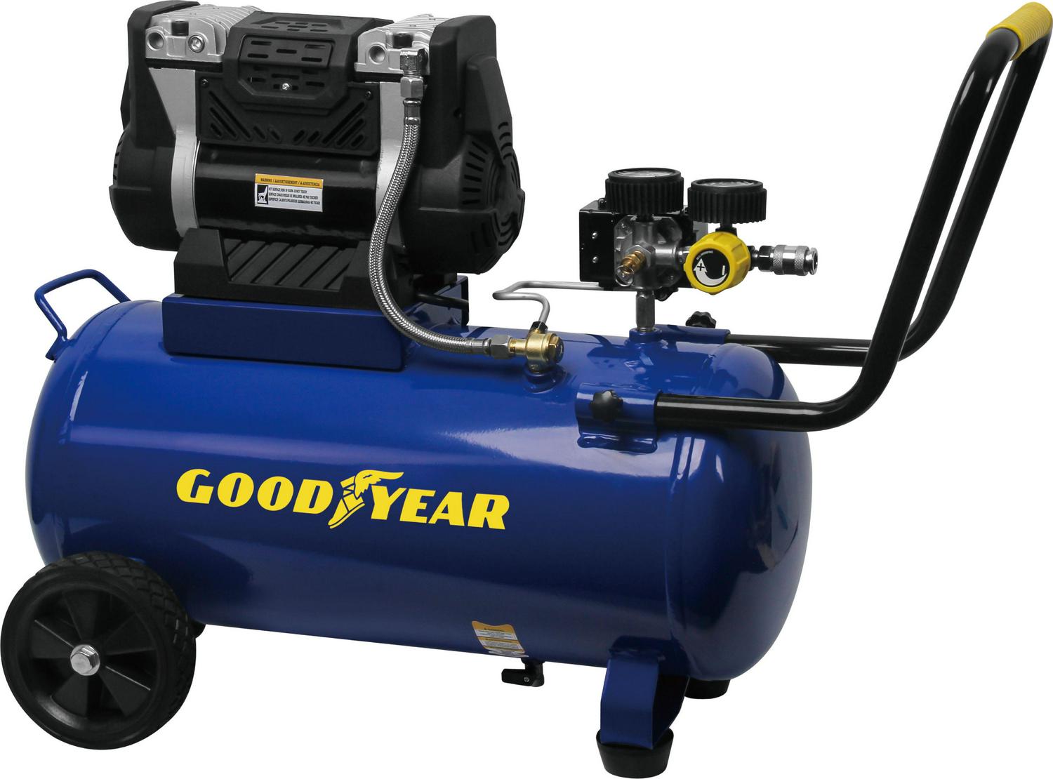 Goodyear. 8 Gallon Quiet. Oil-Free Horizontal Air Compressor. Portable with Handle and Wheels