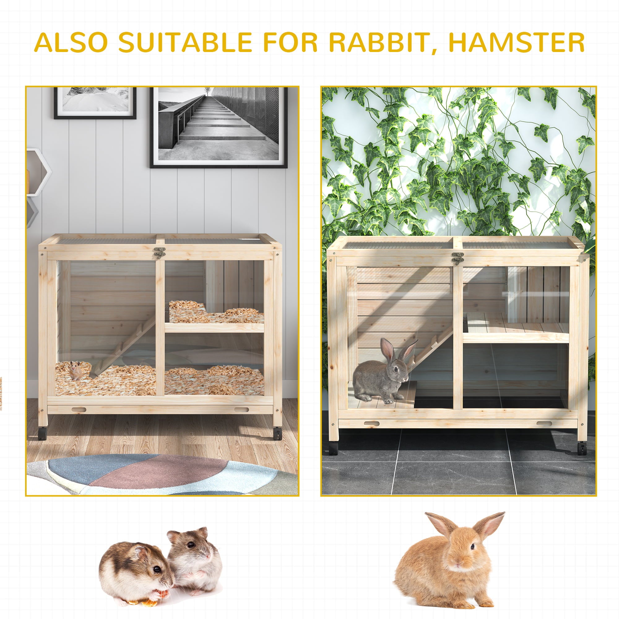 PawHut Wooden Rabbit Hutch Indoor Playpen with a Main Room for Sleeping