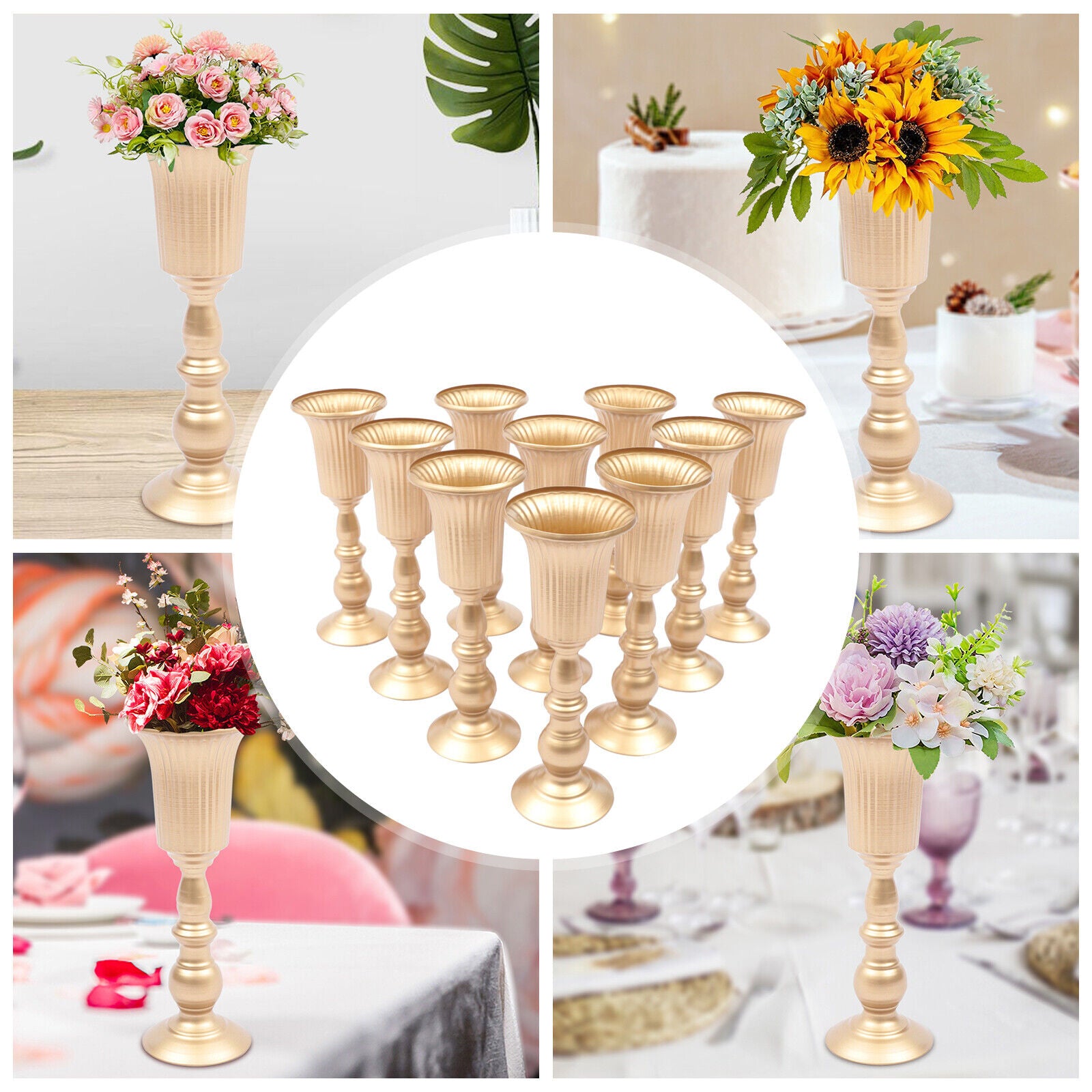 Fichiouy 10pcs Metal Flower Rack DIY Trumpet Vases Stand Wedding Party Centerpieces Decor Gold