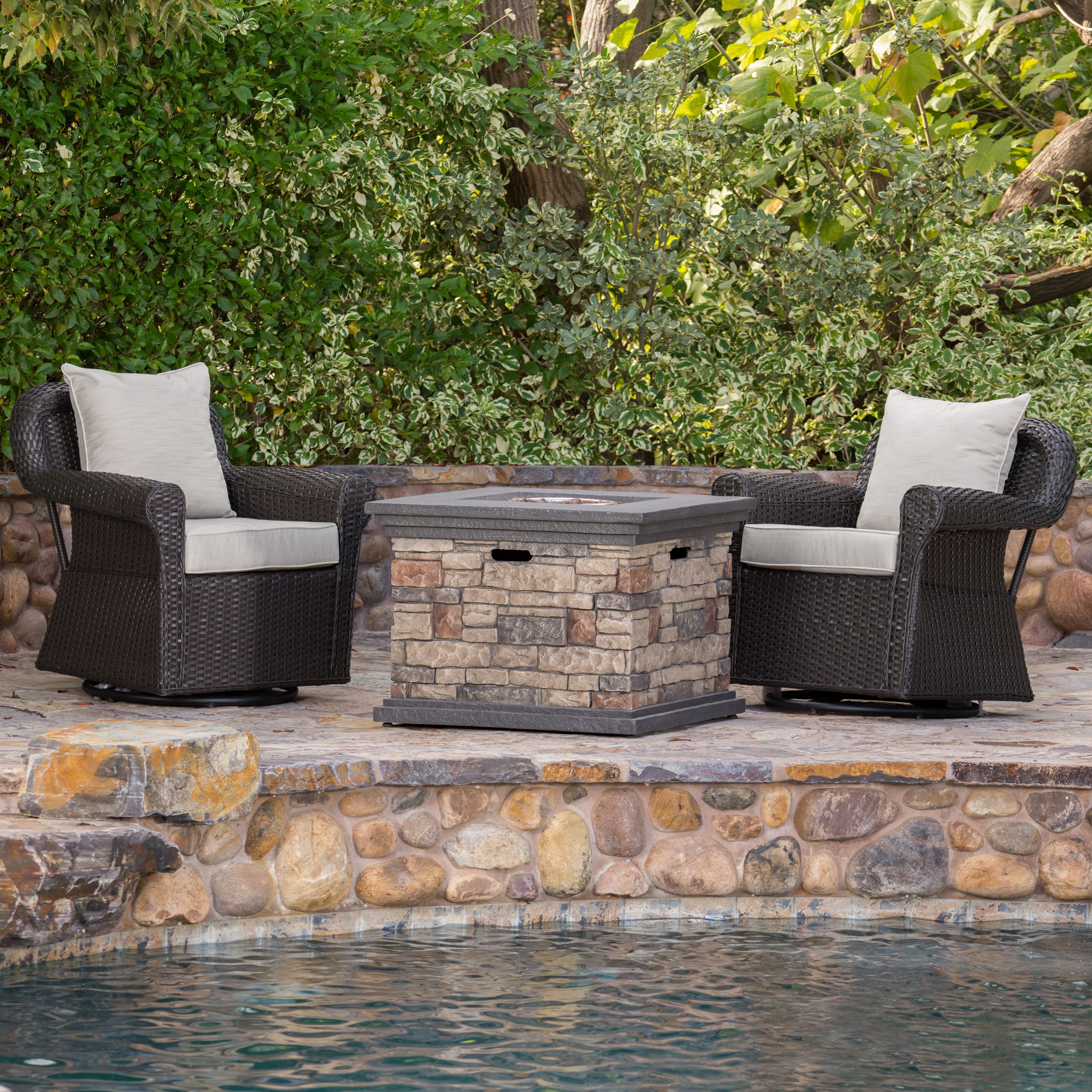 Augusta Outdoor 3 Piece Wicker Rocker and Gas Firepit Set