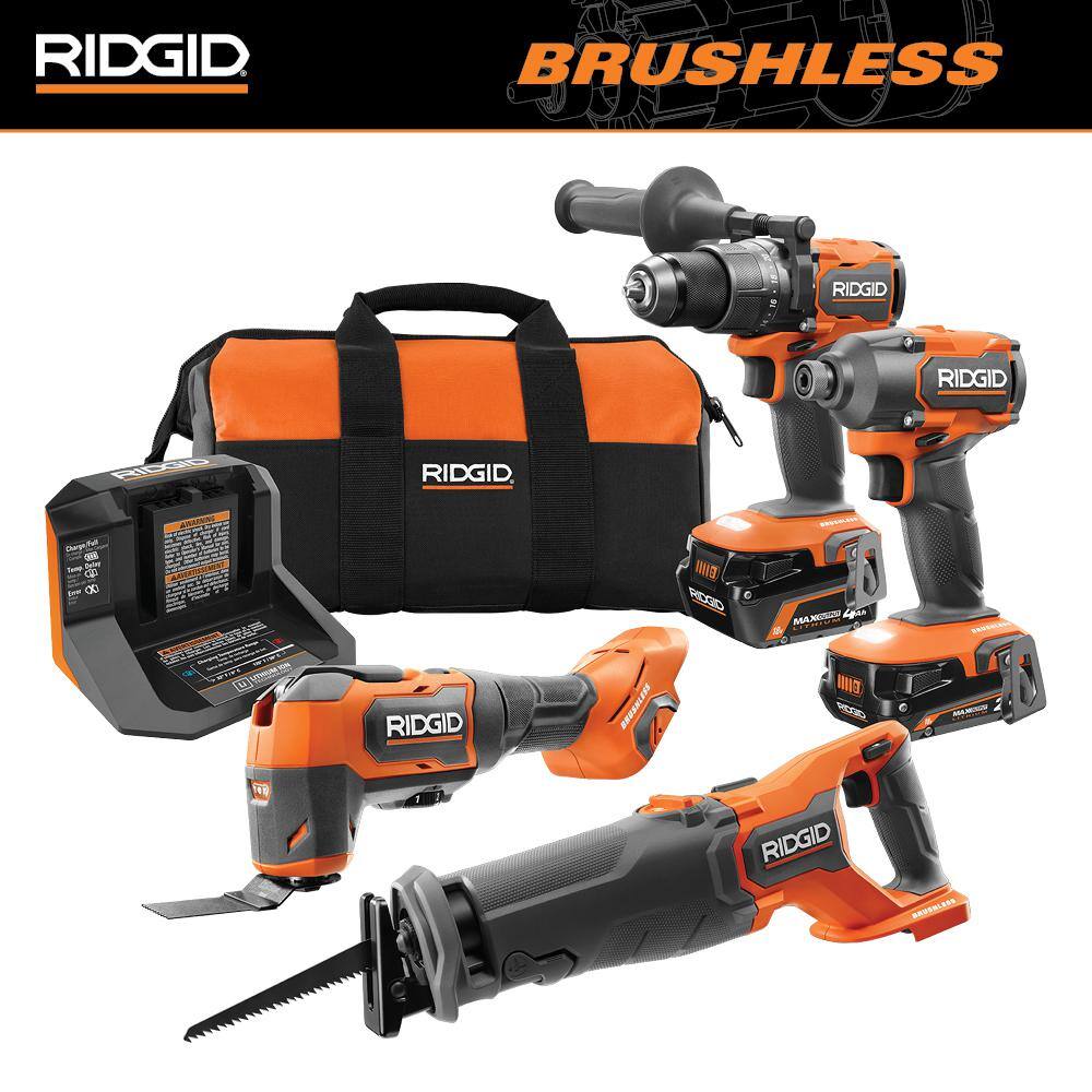 RIDGID 18V Brushless Cordless 4-Tool Combo Kit with (1) 4.0 Ah and (1) 2.0 Ah MAX Output Batteries 18V Charger and Tool Bag R9225