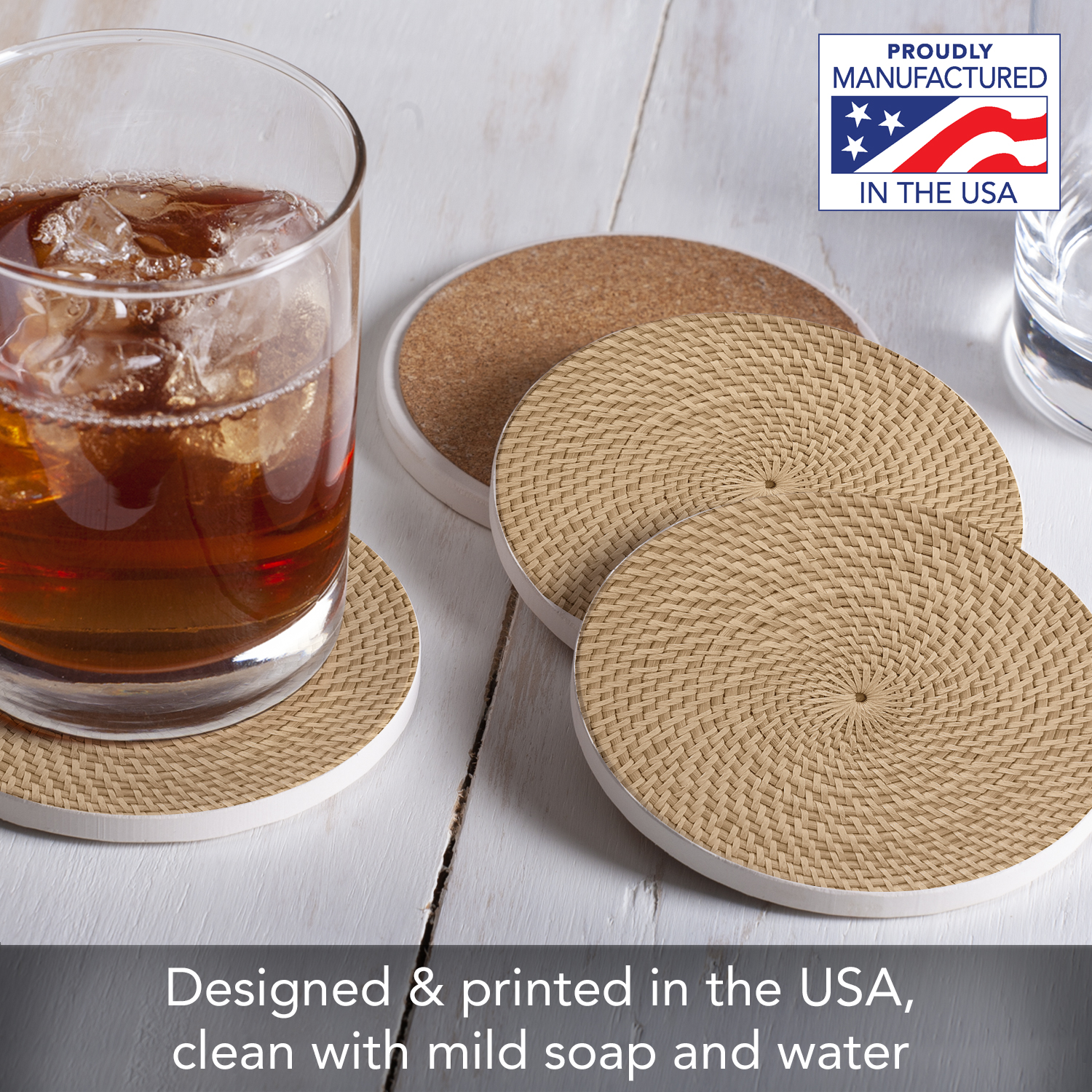 CounterArt Basket Weave Design Decorative Round Single Image Absorbent Stone Coaster 4 Pack