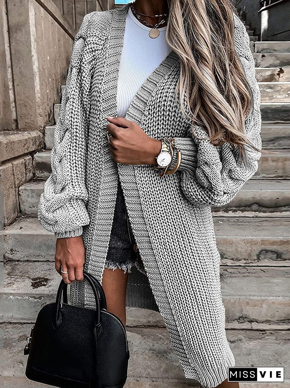 Cable Knit Open Front Cardigan Sweater