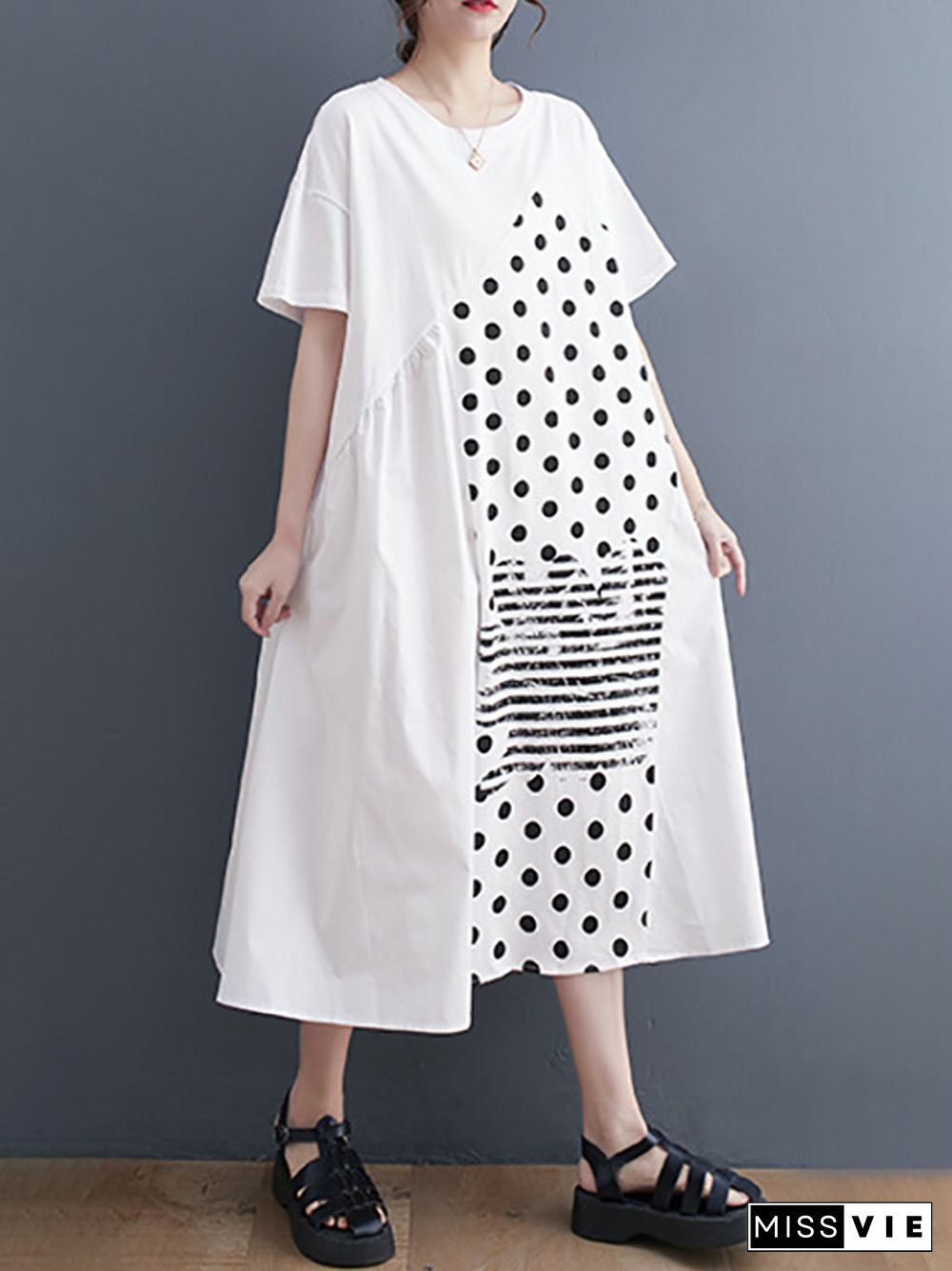 Irregularity Oversize Printed Striped Polka-Dot Split-Joint Round-Neck Midi Dresses