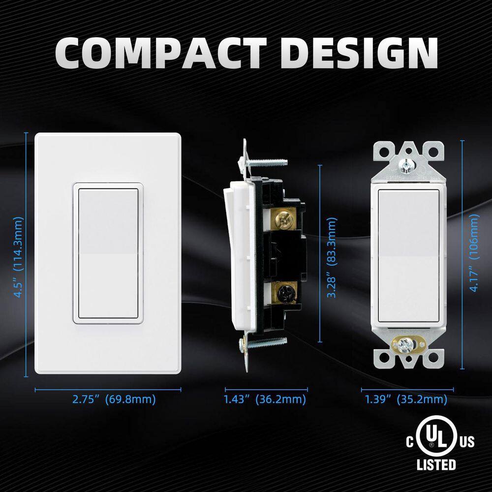 ELEGRP Decorator 15 Amp 120-Volt 3 Way Rocker AC Quiet Light Switch with Wall Plate Matt White (10-Pack) ES005A-0110SWP