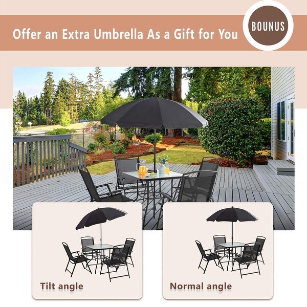 6 Piece Folding Patio Dining Set，Small Metal Outdoor Garden Patio Table and Chair Set w/Umbrella for Lawn，Deck，Backyard，Black