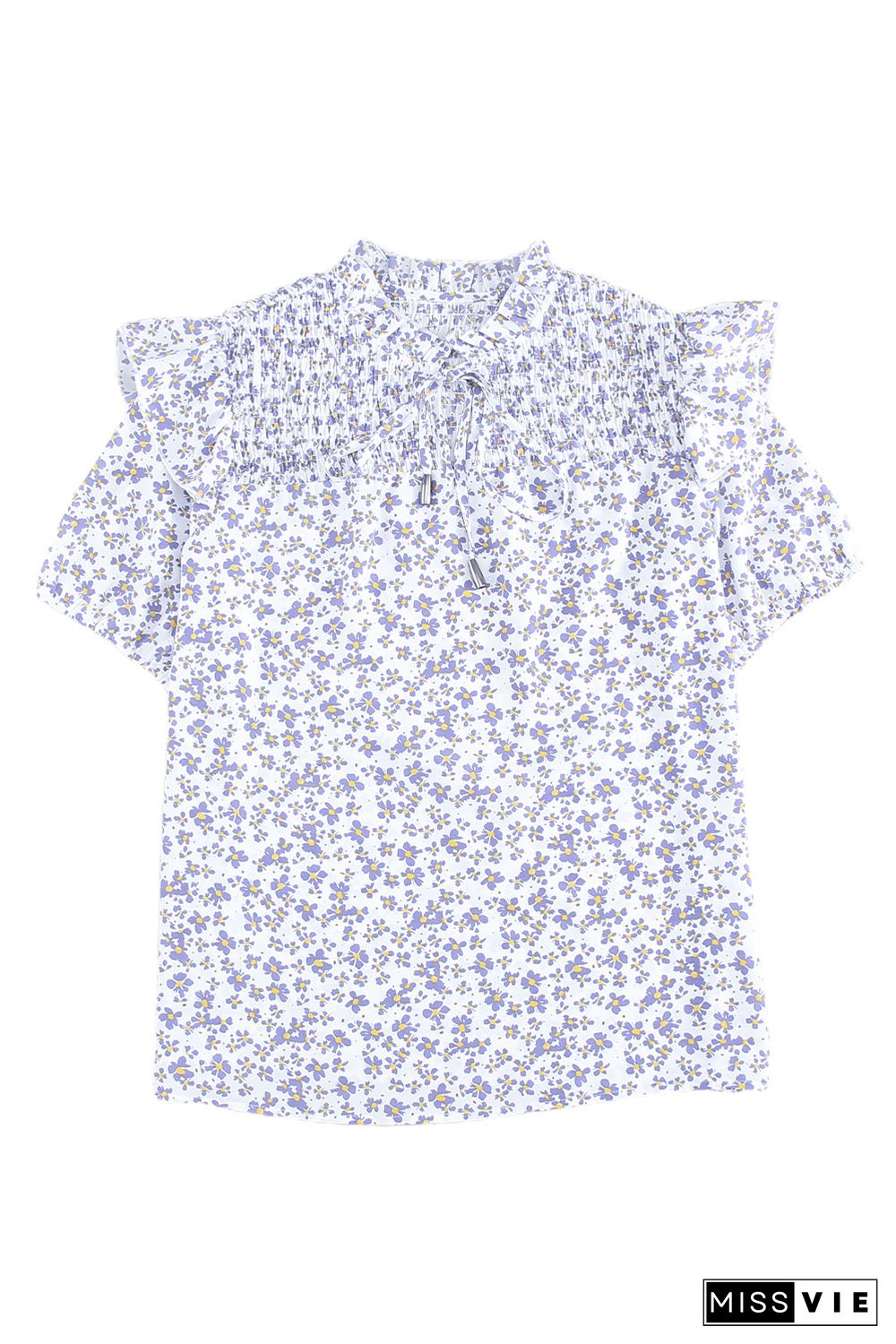 Purple Floral Print Smocked Ruffled V Neck T-shirt