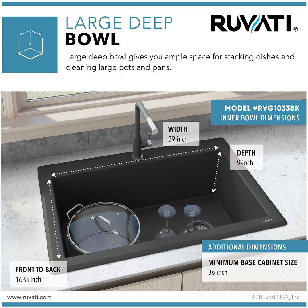 Ruvati Midnight Black Granite Composite 33 in. x 22 in. Single Bowl Drop-In Topmount Kitchen Sink RVG1033BK