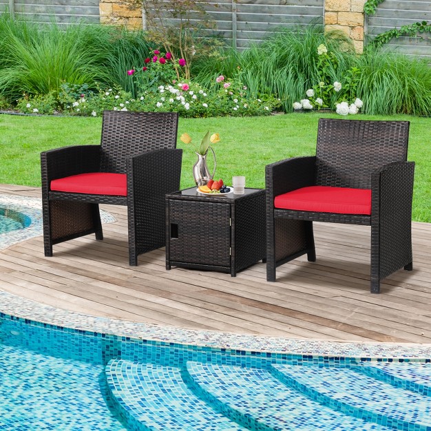 Tangkula 3 Pieces Outdoor Pe Wicker Bistro Set With Waterproof Cover For Porch Balcony Garden And Poolside Red off White grey turquoise