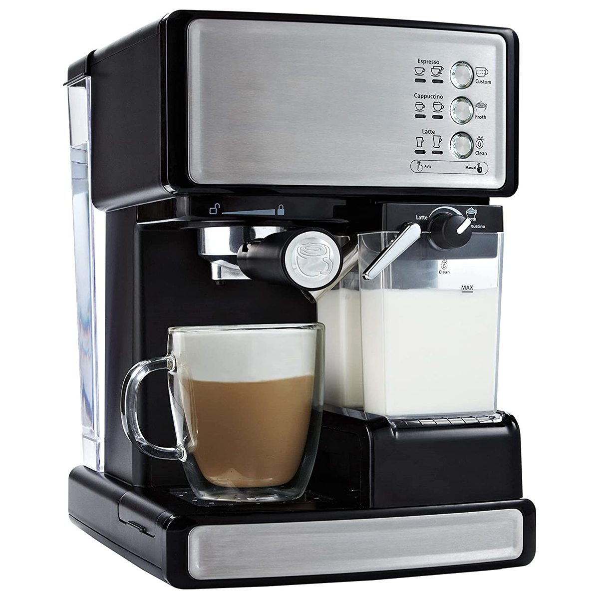 Espresso and Cappuccino Machine, Programmable Coffee Maker with Automatic Milk Frother and 15-Bar Pump, Stainless Steel