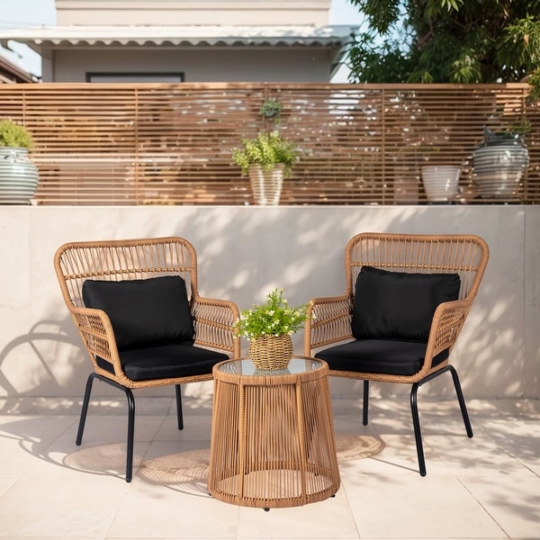 3 Piece Outdoor Wicker Conversation Bistro Set，AllWeather Rattan Furniture Patio Chairs Set with Cushions