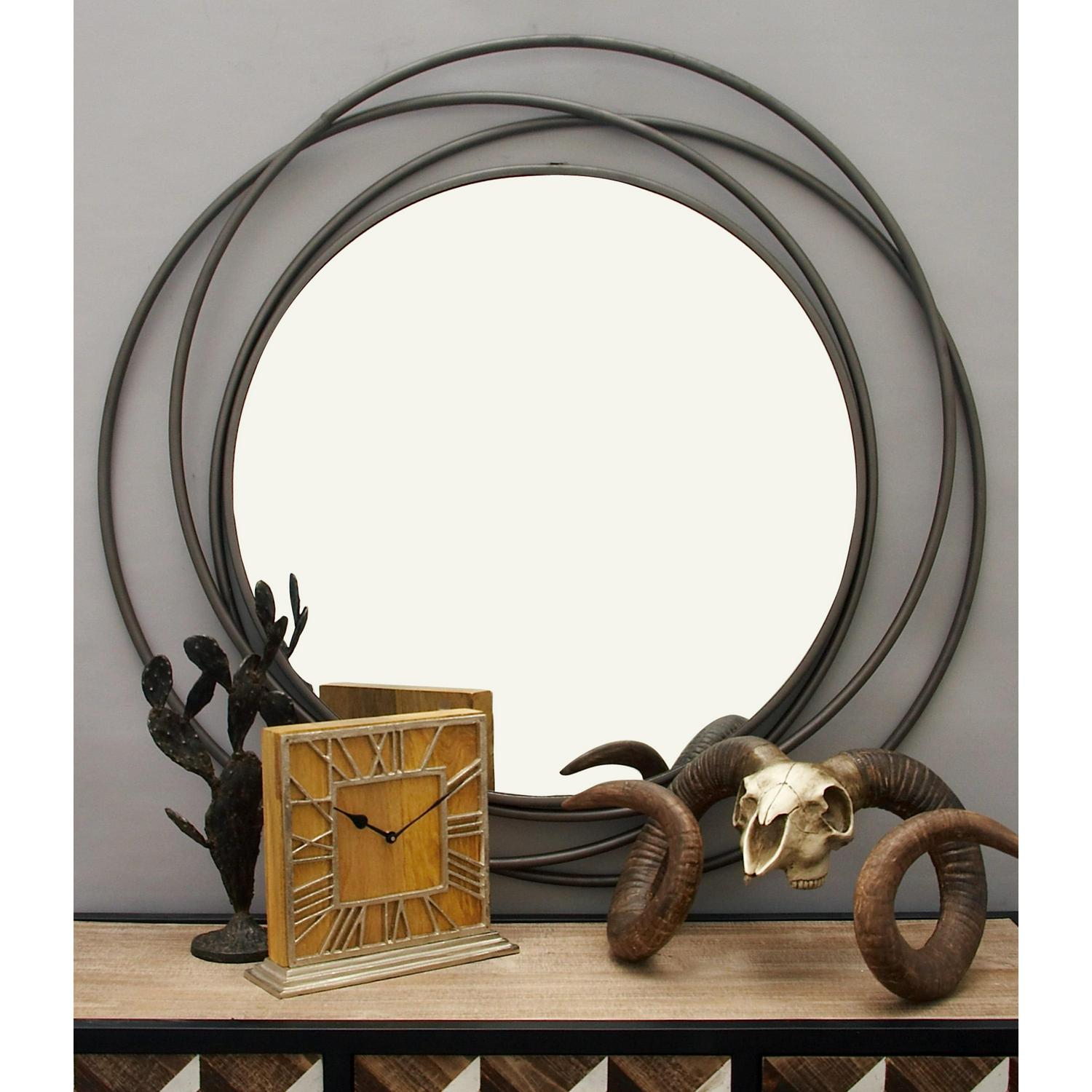 DecMode Gray Modern Metal Wall Mirror with Overlapping Rings Frame， 42 W x 40 H