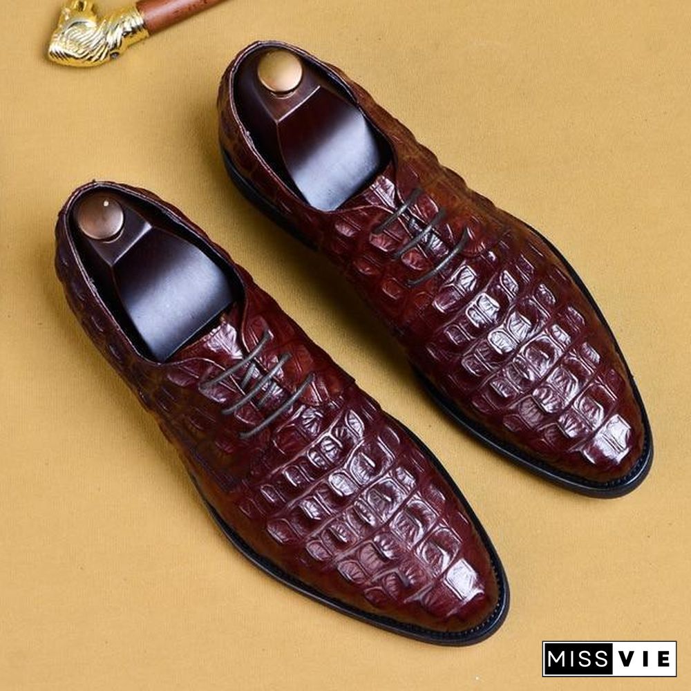 Luxury Men Dress Shoes Crocodile Pattern Genuine Leather Pointed Toe Lace Up Formal Shoes