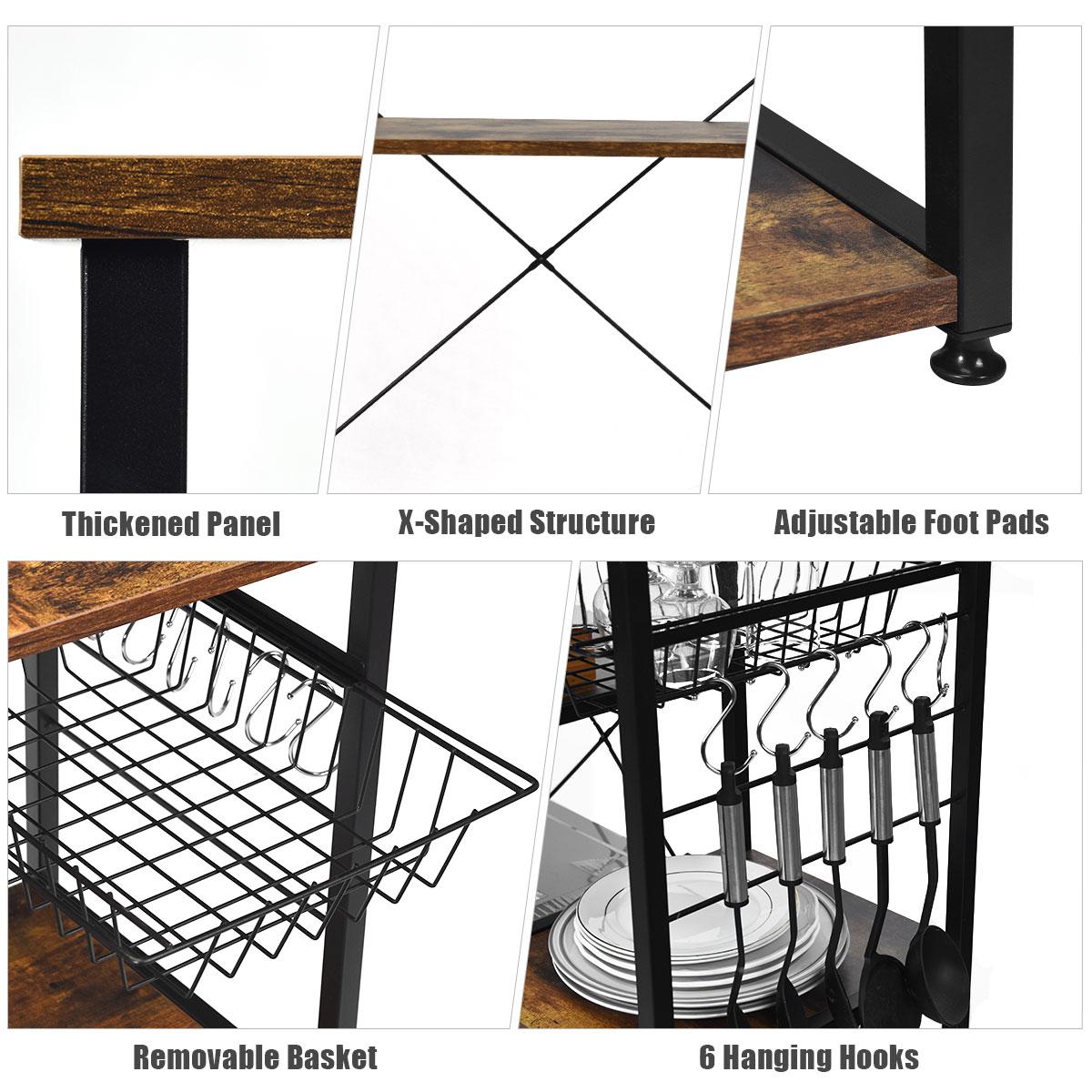 Giantex 3-Tier Kitchen Baker’s Rack， Utility Storage Shelf， Industrial Microwave Oven Stand Metal Frame w/Shelf， Wire Basket， Hooks， Coffee Bar Table Home Office， Brown