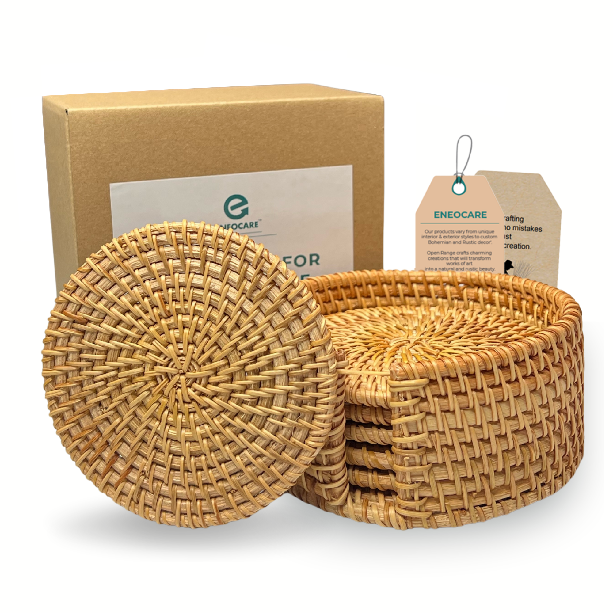 Eneocare Handmade Natural Rattan Coasters for Drinks， Wicker Boho Coasters， Woven Coasters for Drinks | Heat Resistant Reusable Saucers， Round Straw Trivet for Teacup， Set of 6 with Holder