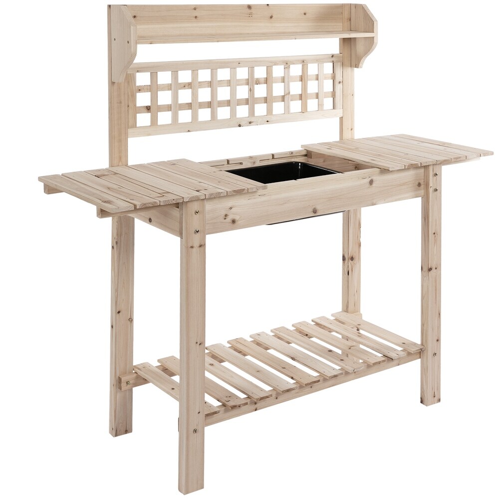 Outsunny 39'' x 18'' x 55'' Wood Garden Potting Work Table with Hidden Storage  Sink Basin    Below Clapboard