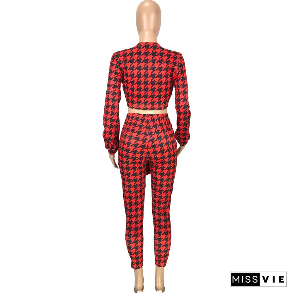 Houndstooth Print Bandage Crop Top Pants Set