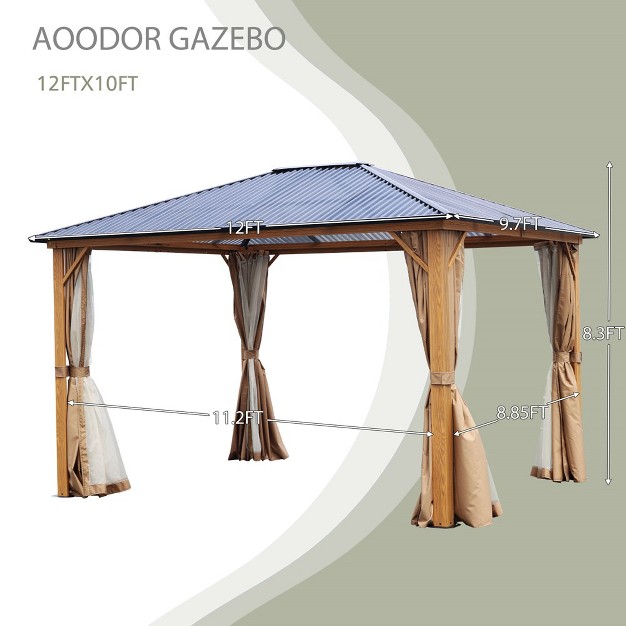 Aoodor Gazebo Polycarbonate Roof Wooden Print Aluminum Frame With Mosquito Netting And Curtain