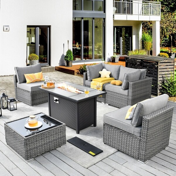 XIZZI Patio Furniture Set 6 Pieces Outdoor Sectional Rattan Sofa with Firepit