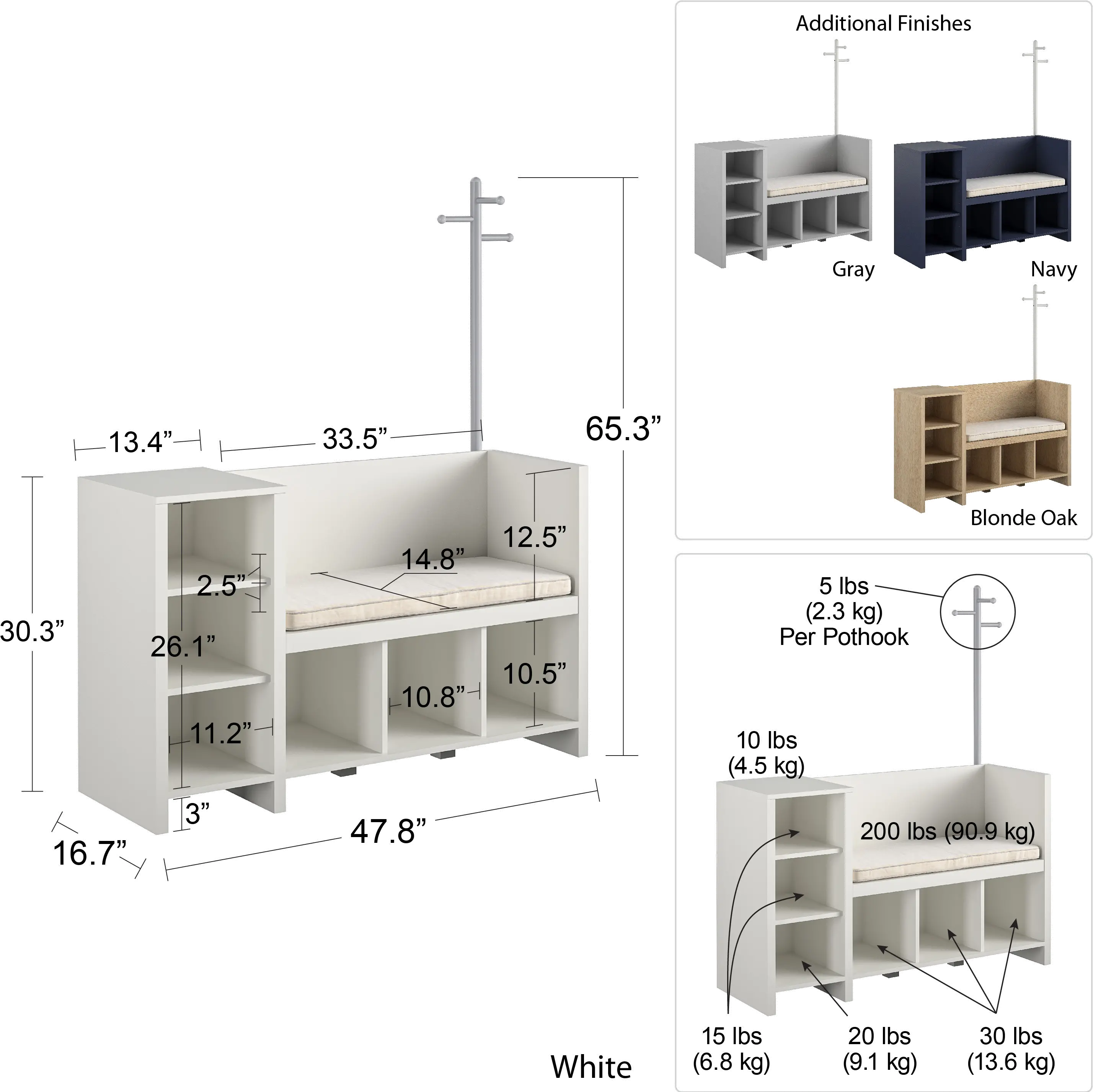 Tyler Kids White Storage Bench and Coat Rack