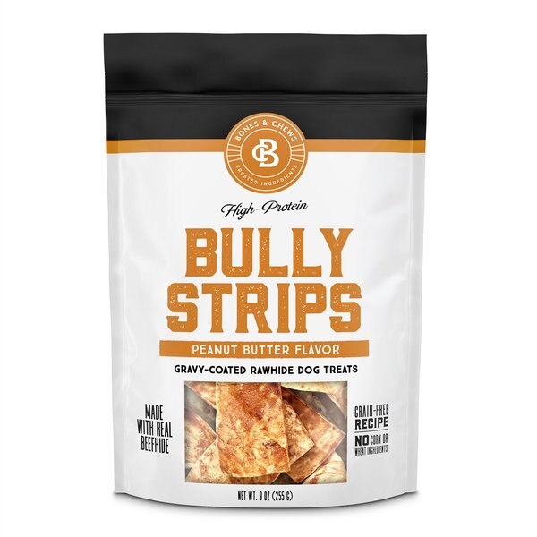 Bones and Chews Bully Strips Peanut Butter Flavor Beef Dog Treats， 9-oz bag