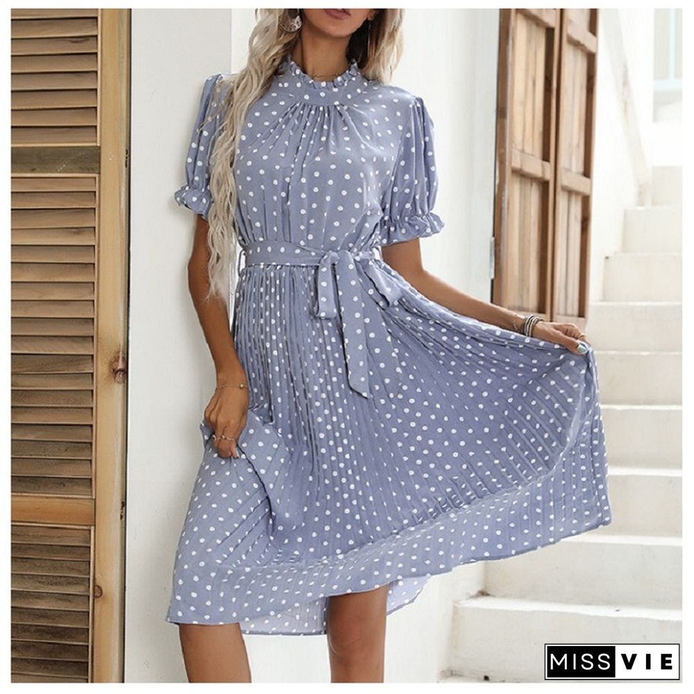 Casual Women Summer Dress Pleated Short Sleeve Dresses New Chic Elegant Fashion Lace-up Polka Dot Flared Sleeve Midi Dress