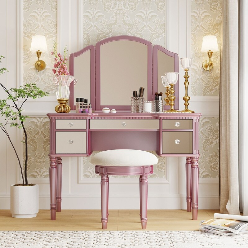 Makeup Vanity Set with Mirrored Drawers and Stool  Tri fold Mirror