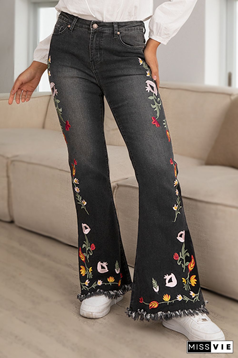 Floral Embroidery Raw Hem Mid Rise Flare Jeans