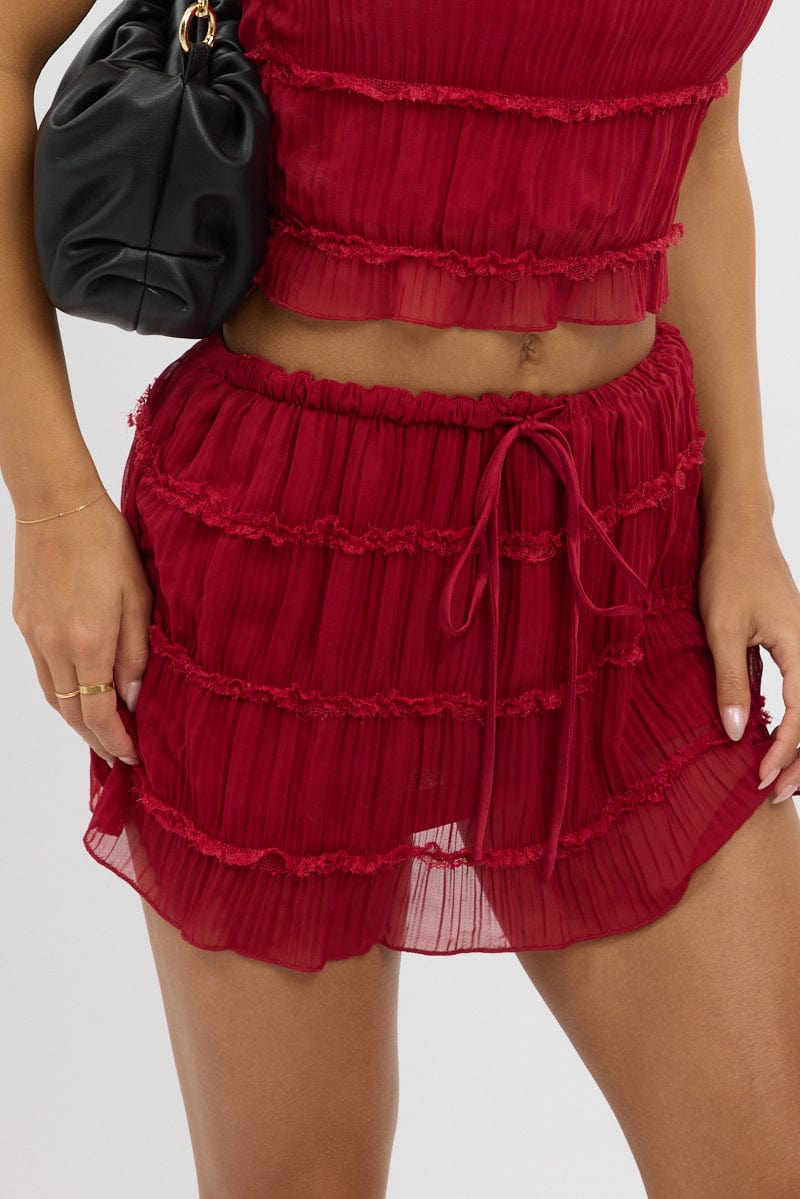 Red Mini Skirt Mid Rise Shirred Detail Lined Bloomers