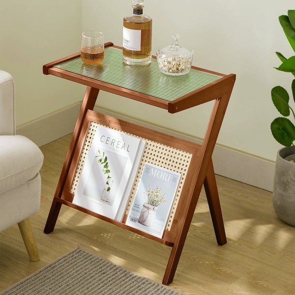 Bamboo Glass-top End Table with Rattan-like Magazine Rack