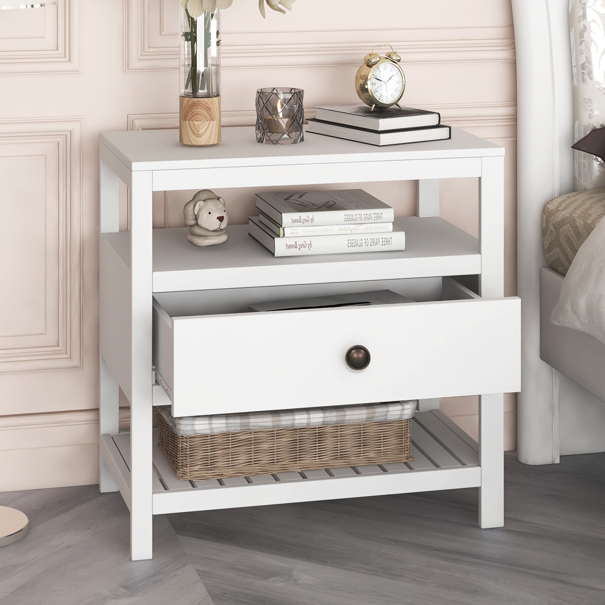 White Wood 1-drawer Storage Nightstand - - 34492213