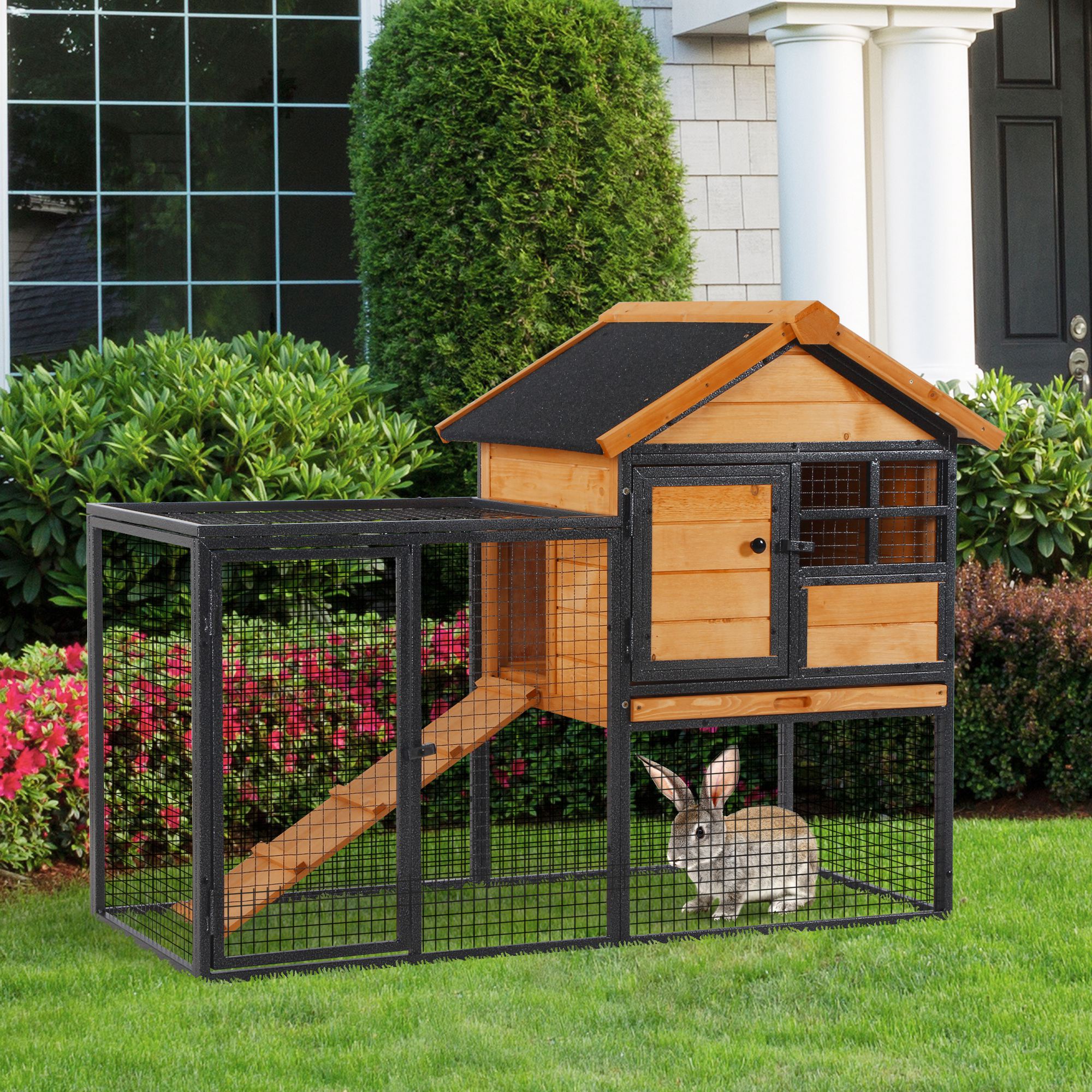 PawHut Wooden Rabbit House with Roof for Outdoors 48