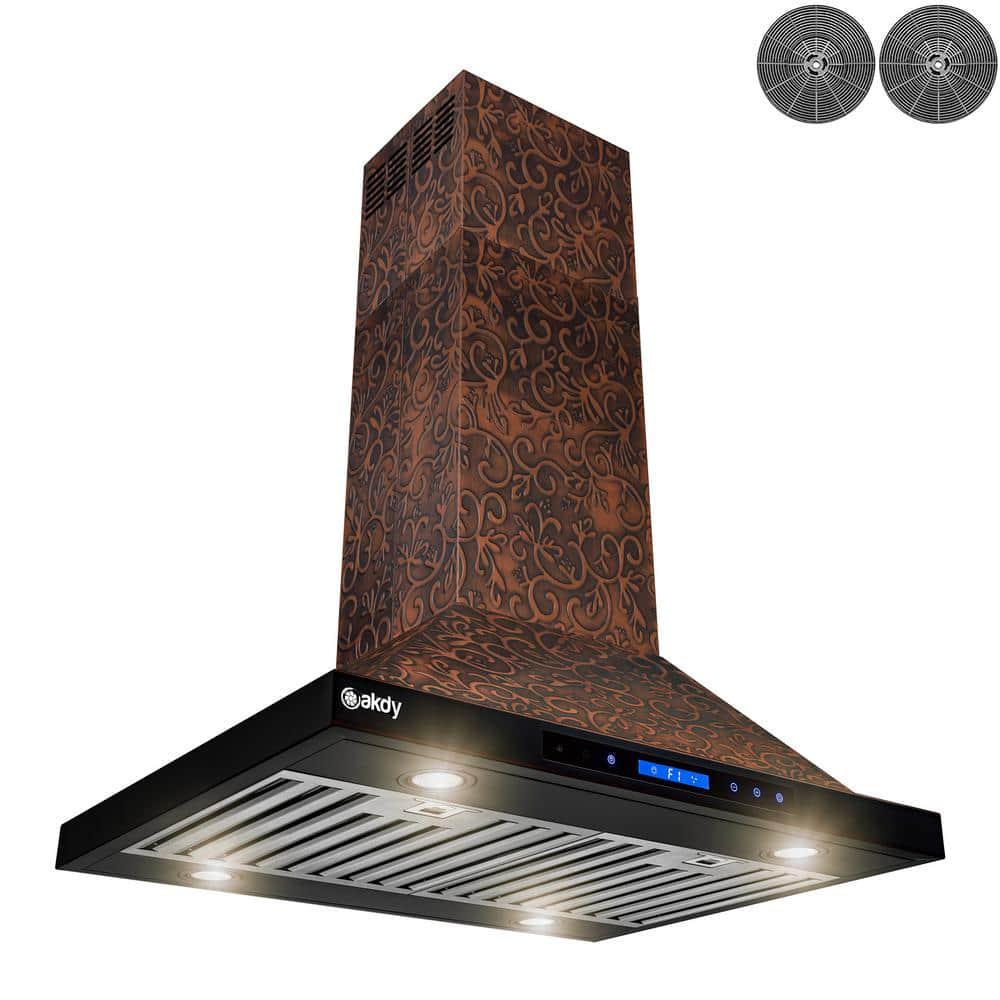 AKDY 30 in 343 CFM Convertible Island Mount Range Hood with LED Lights in Embossed Copper Vine Design with Carbon Filters