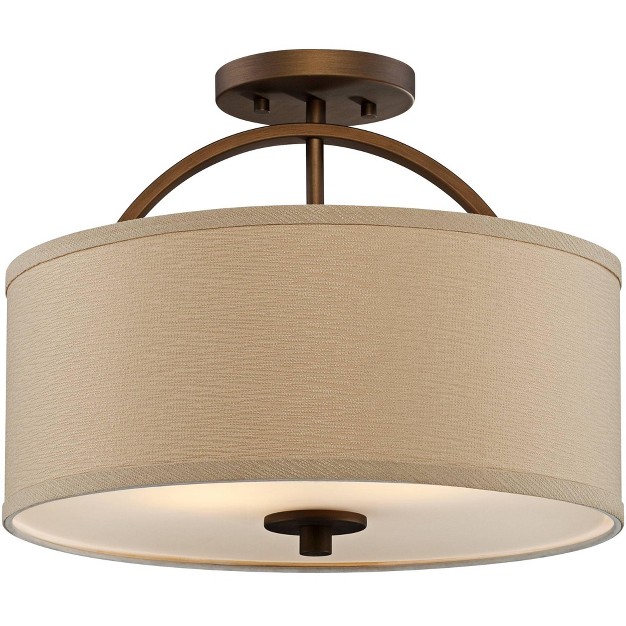 Wide Brushed Bronze 2 light Oatmeal Linen Drum For Bedroom Living Room